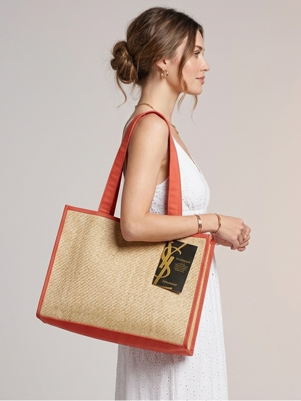 NWT YSL Yves Saint Laurent Deep Coral Raffia Tote Bag | Luxury Summer Bag